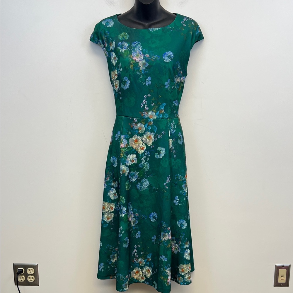 Dress Tells Women Chic Feminine Green Blue Floral Cap Sleeve Pleated Dress Large